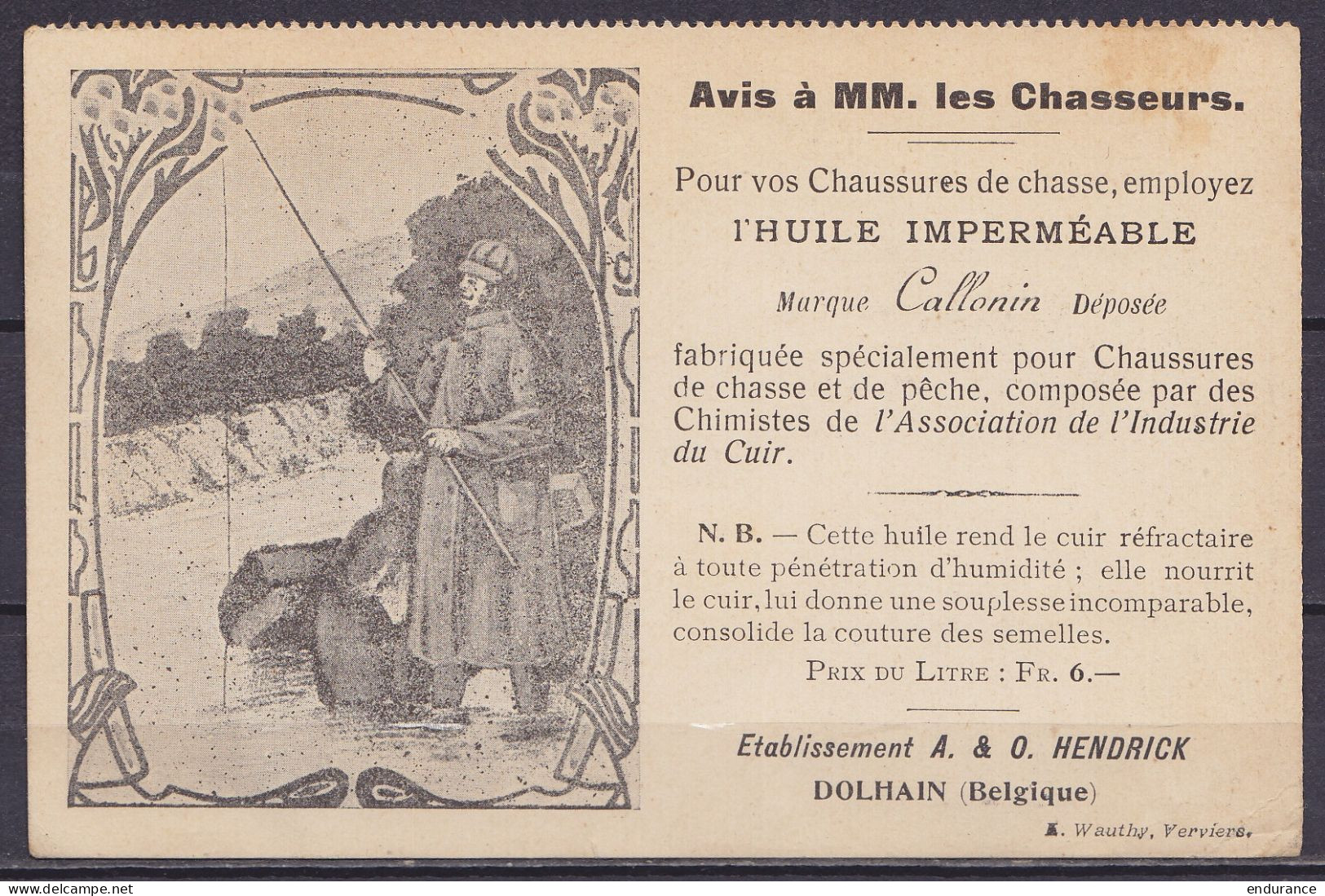 CP Publicitaire "chaussures De Chasse Et Pêche Hendrick" Illustré Affr. PREO PR1611B 1c Gris (sur N°81) [DOLHAIN LIMBOUR - Typos 1906-12 (Armoiries)