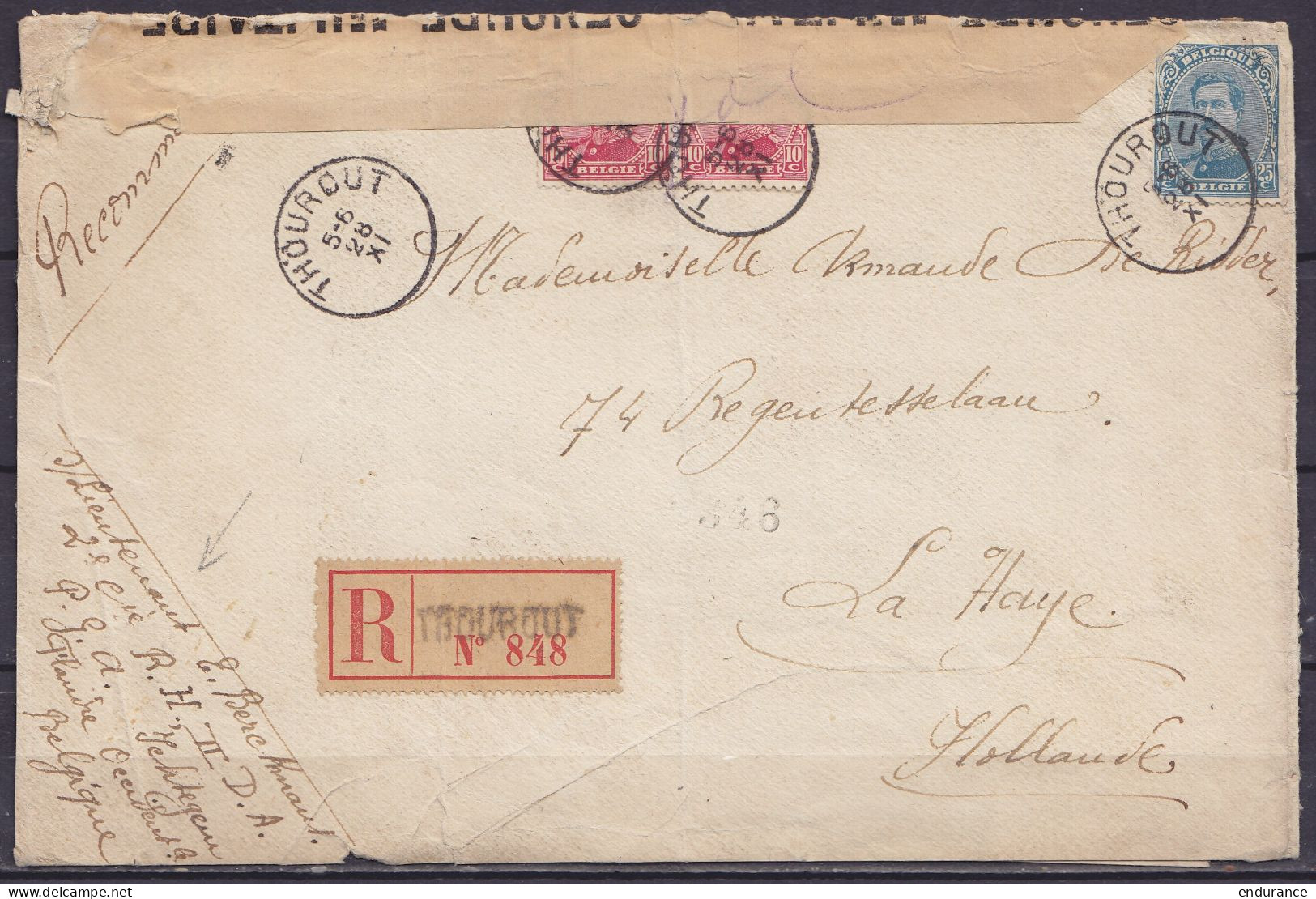 L. Recommandée (étiq. Française) D'un Militaire à ICHTEGEM (utilisation De La Poste Civile) Affr. Paire N°138 + N°141 Cà - Armada Belga