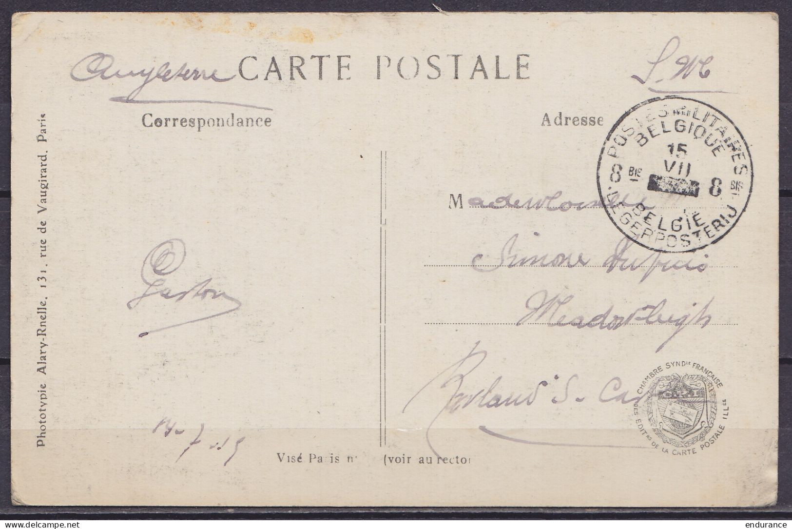 CP Ramscapelle En Franchise S.M. Càd "POSTES MILITAIRES BELGIQUE 8bis /15 VII / BELGIË LEGERPOSTERIJ" (1915) Pour Meadow - Esercito Belga