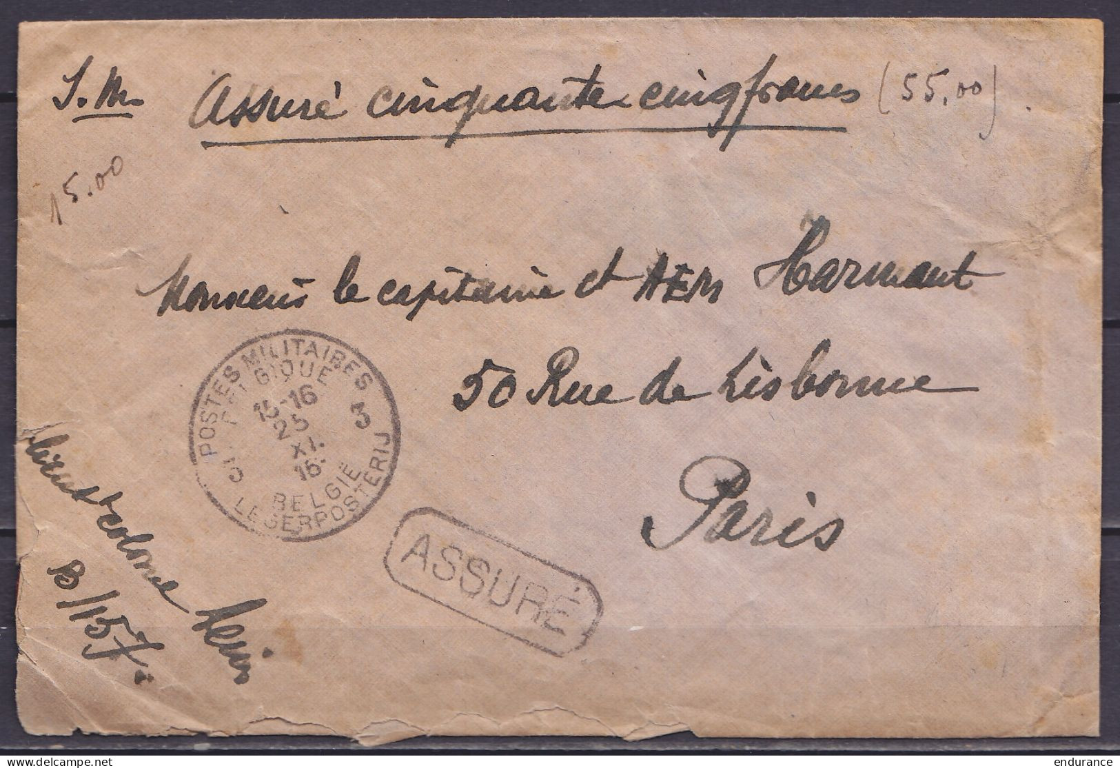 L. Assurée En Franchise Partielle (S.M.) Affr. N°138+141 Càd "POSTES MILITAIRES BELGIQUE 5 /25 XI 1916/ BELGIË LEGERPOST - Belgisch Leger