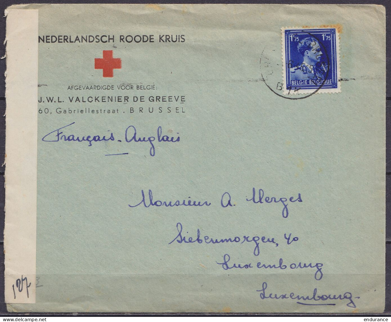 Env. Nedrelandsch Roode Kruis Affr. N°642 Càd BRUXELLES /?-6-1945 Pour LUXEMBOURG - Rare Bande De Censure "Grand-Duché D - 1936-1957 Offener Kragen