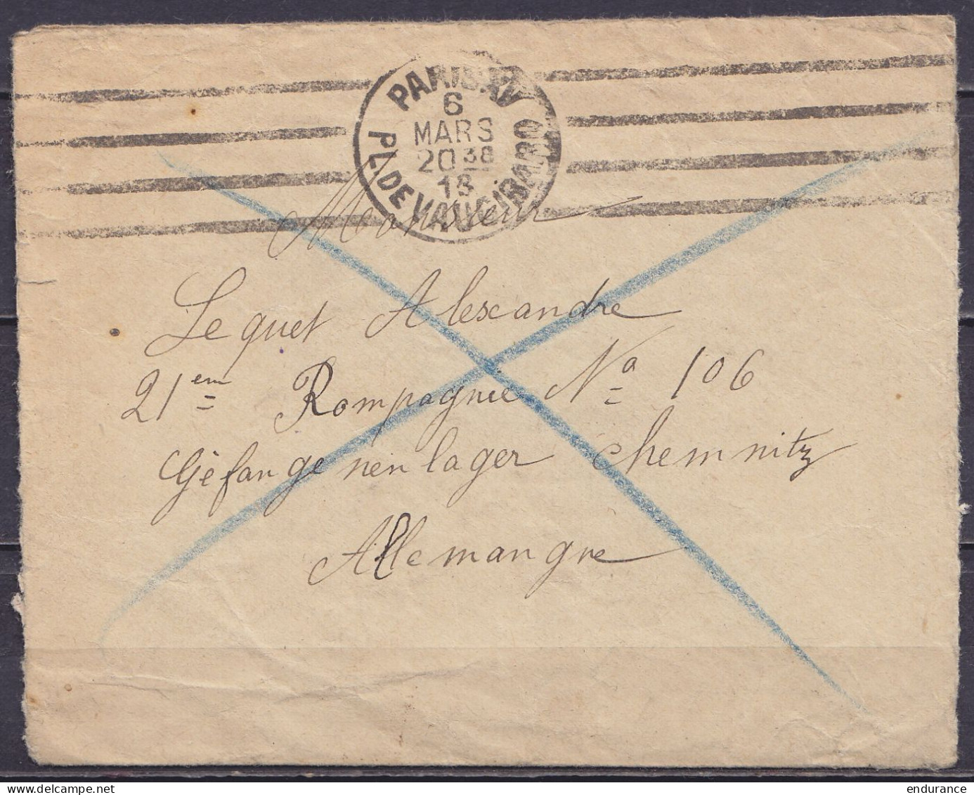 Env. En Franchise Flam. PARIS XV /6 MARS 1918 Pour Prisonnier Au Camp De CHEMNITZ (au Dos: Cachet [RETOUR A L'ENVOYEUR / - Armée Allemande