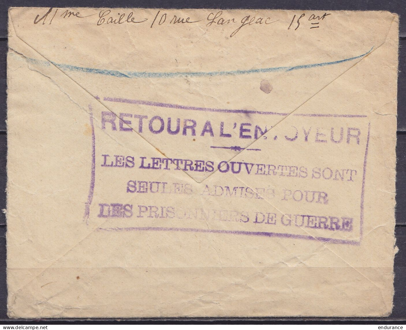 Env. En Franchise Flam. PARIS XV /6 MARS 1918 Pour Prisonnier Au Camp De CHEMNITZ (au Dos: Cachet [RETOUR A L'ENVOYEUR / - Duits Leger