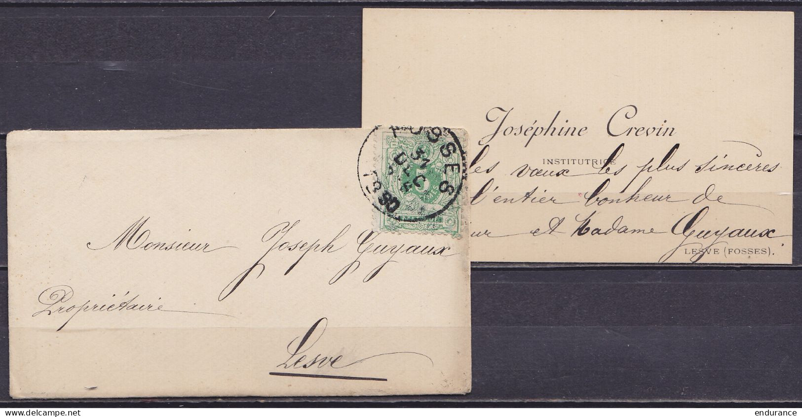 Carte De Visite + Env. Affr. N°45 Càd FOSSES /31 DEC 1880 Pour LESVES - 1869-1888 Lying Lion