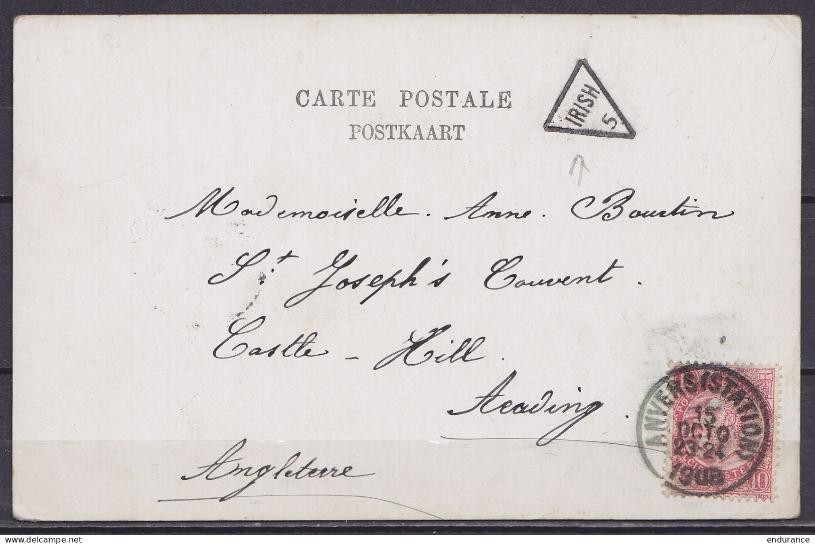 CP Musée Warocqué Morlanwelz Affr. N°58 Càd ANVERS (STATION) /15 OCTO 1903 Pour CASTLE-HILL Reading - Cachet "IRISH 5" ( - 1893-1900 Barbas Cortas