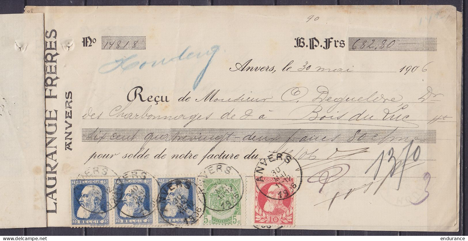 Liasse De 3 Reçus Affr. N°56+74 + 3xN°76 Càd ANVERS /14 MAI 1906 & /30 MAI 1906 Pour Charbonnages Bois Du Luc à HOUDENG  - 1905 Grove Baard