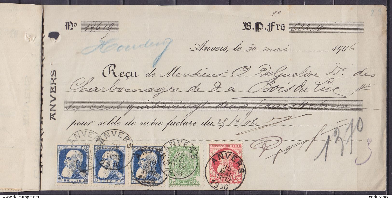 Liasse De 3 Reçus Affr. N°56+74 + 3xN°76 Càd ANVERS /14 MAI 1906 & /30 MAI 1906 Pour Charbonnages Bois Du Luc à HOUDENG  - 1905 Breiter Bart