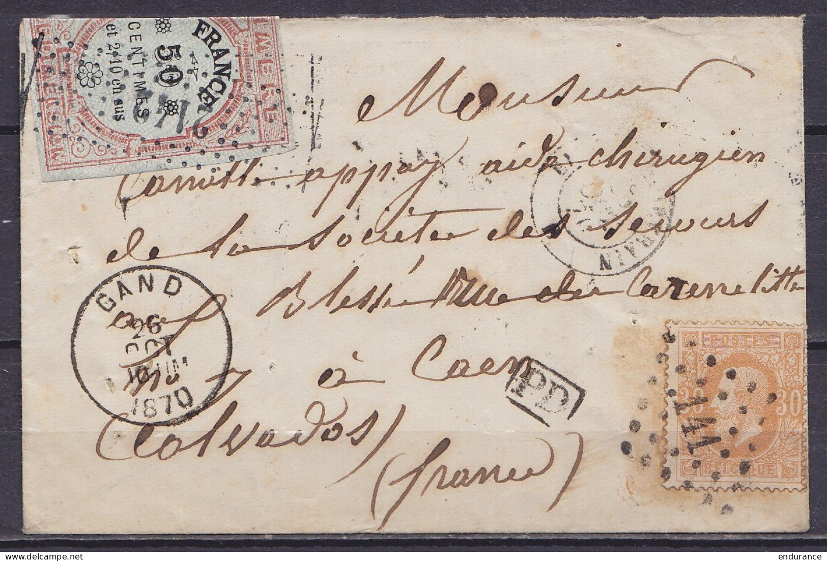 Exceptionnelle Env. Affr. N°33 Lpts "141" Càd GAND /26 OCT 1870 Pour CAEN Calvados - Timbre Fiscal Français Annulé Car L - 1869-1883 Leopold II