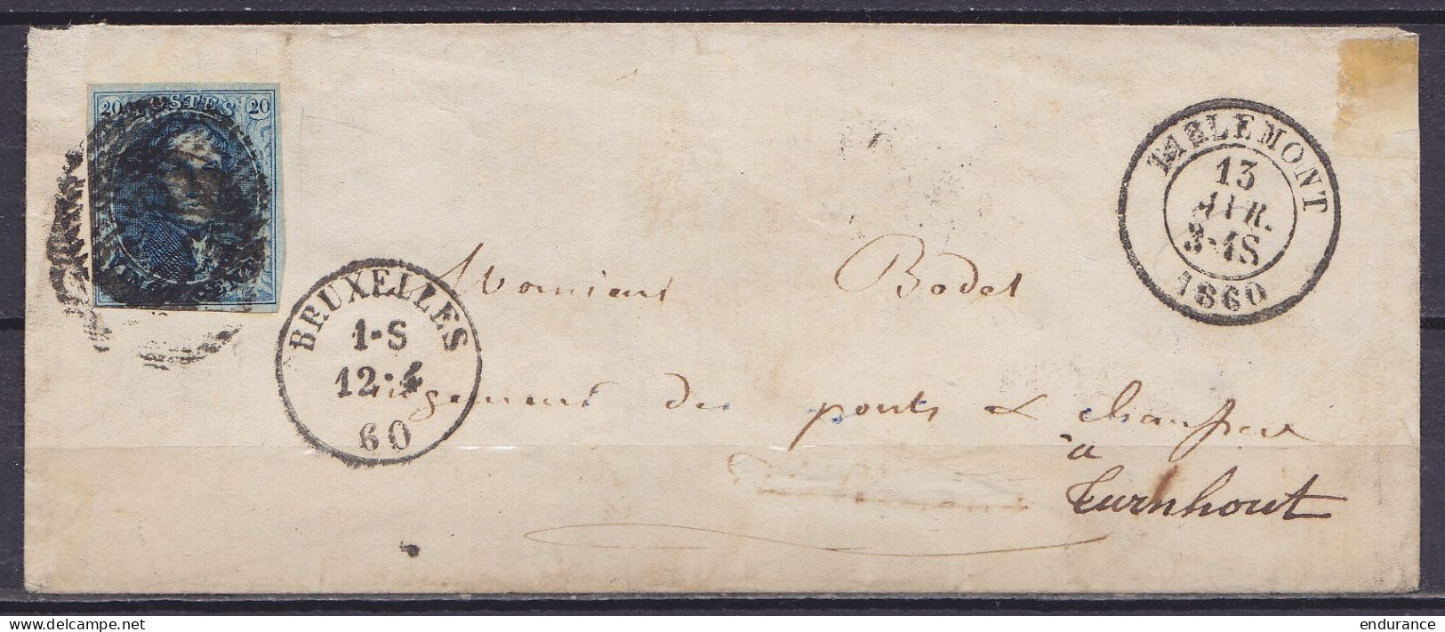 L. Affr. N°11A P24 Càd BRUXELLES /12-4-1860 Pour TIRLEMONT Réexpédiée à TURNHOUT - Destination "Tirlemont" Grattée - Càd - 1858-1862 Medallions (9/12)