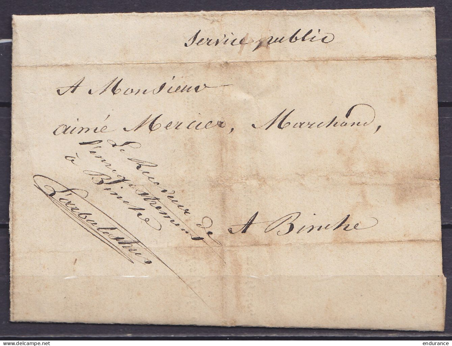 L. En Franchise Datée 25 Février 1857 Du Receveur De L'Enregistrement à BINCHE Pour Marchand E/V - Man. "service Publiqu - 1851-1857 Medaillons (6/8)