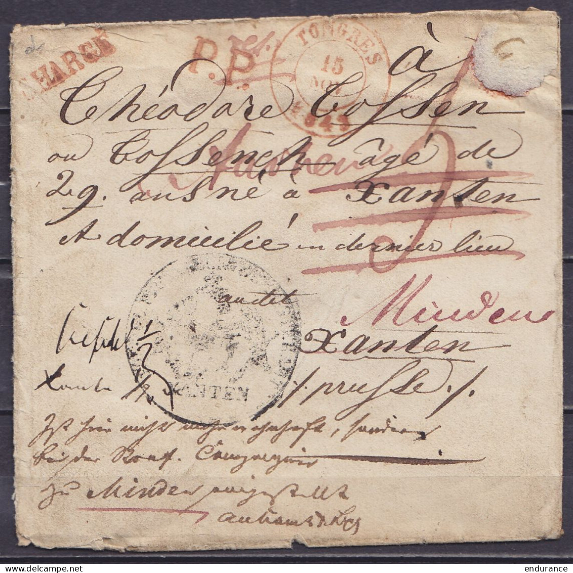 LSC (sans Contenu) Chargée Càd TONGRES /15 NOV 1843 Pour XANTEN (Allemagne) - Rare Petite Marque "CHARGE" & "P.P." (voir - 1830-1849 (Onafhankelijk België)