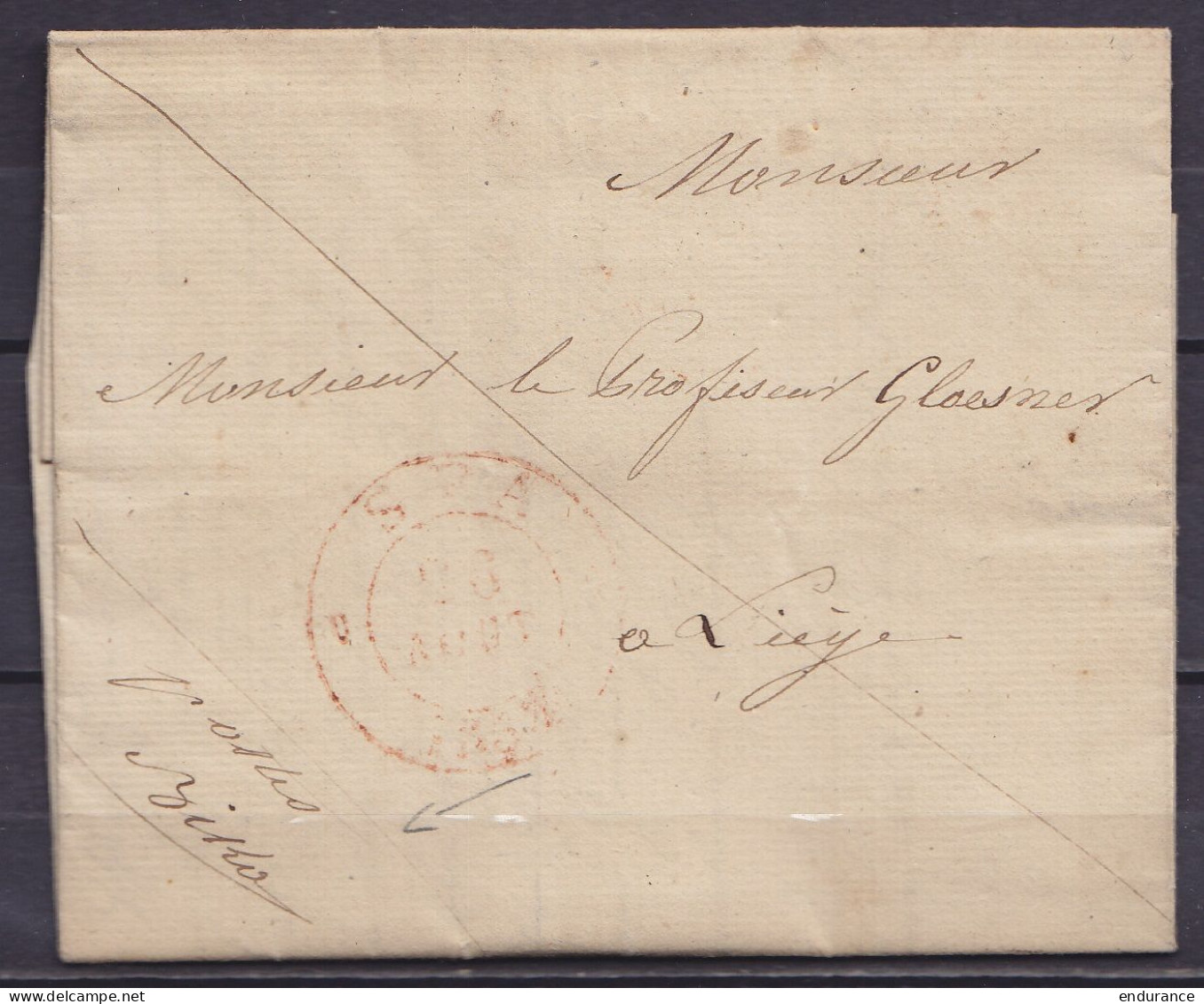 L. Càd SPA /26 AOUT 1834 En Franchise Pour LIEGE - Man. "postes Bika" - 1830-1849 (Belgique Indépendante)