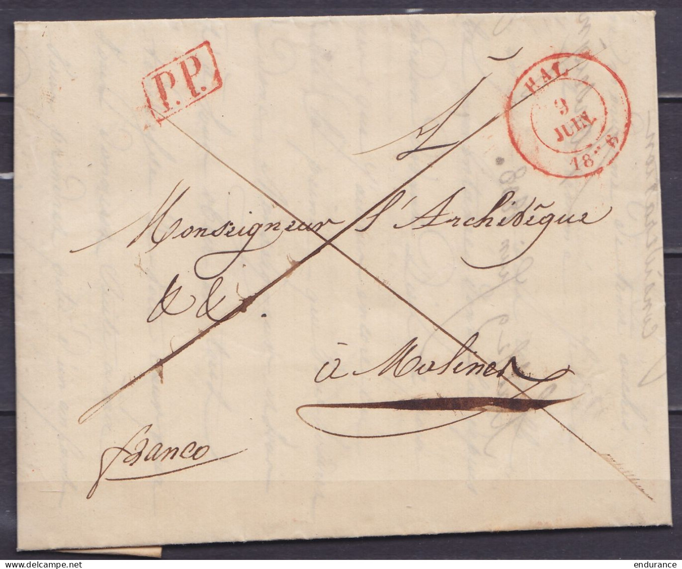 L. Càd HAL /9 JUIN 1838 En Franchise Pour Archevêque De MALINES - Griffe [P.P.] - Man. "franco" (au Dos: Càd Arrivée MAL - 1830-1849 (Independent Belgium)