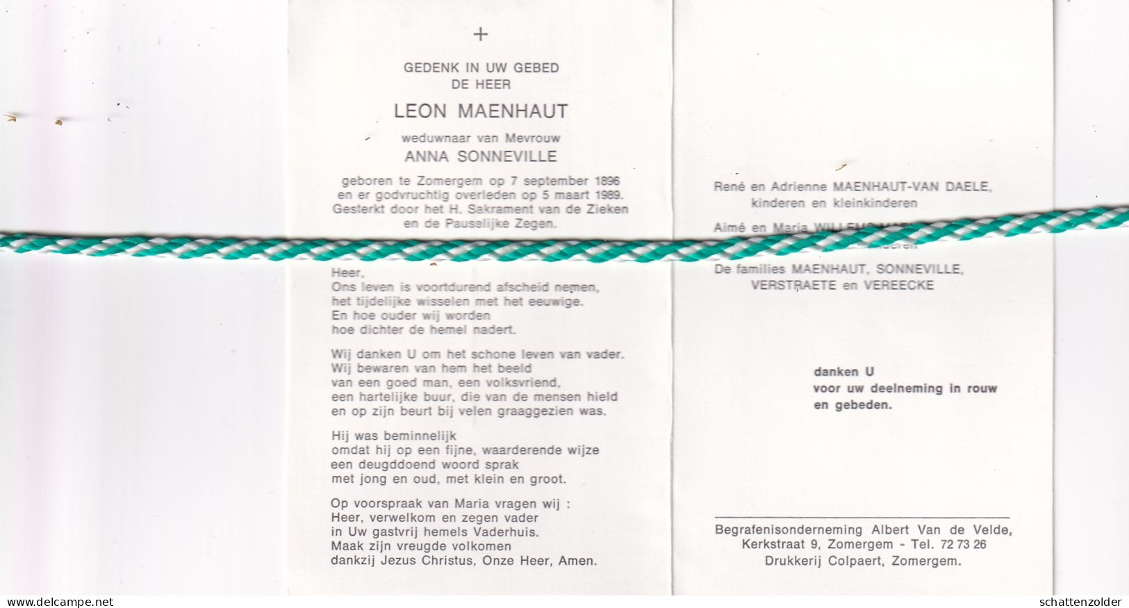 Leon Maenhout-Sonneville, Zomergem 1896, 1989 - Todesanzeige