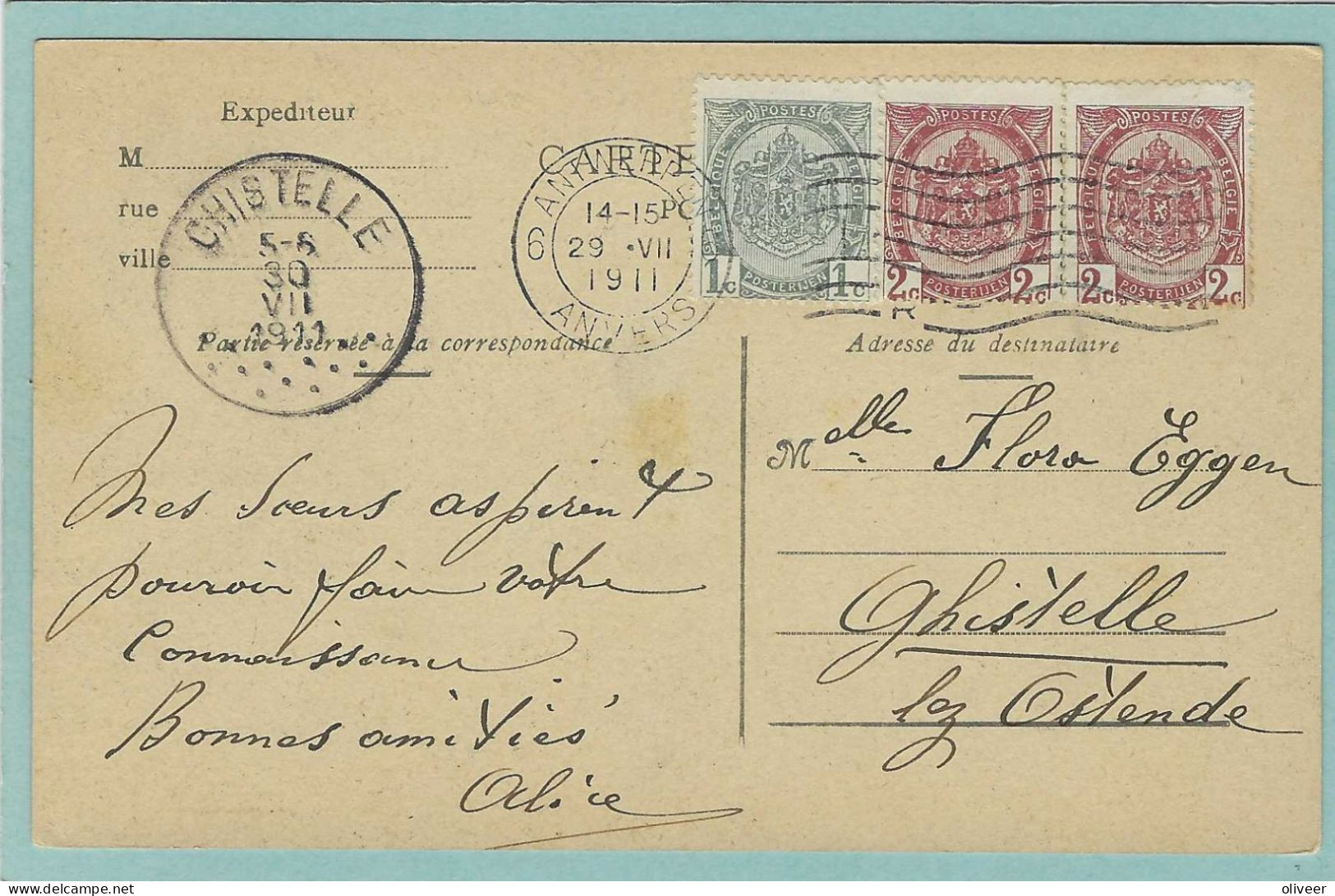 Postkaart Met Stempel GHISTELLE - 1911 - Andere & Zonder Classificatie