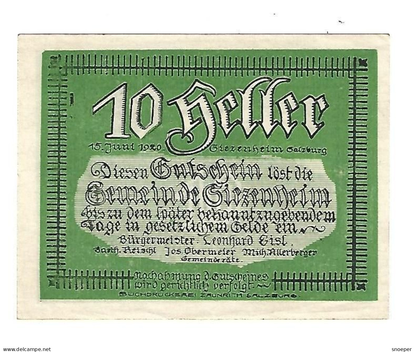 **notgeld   Austria   Siezenheim  10 Heller  996.1a - Oesterreich