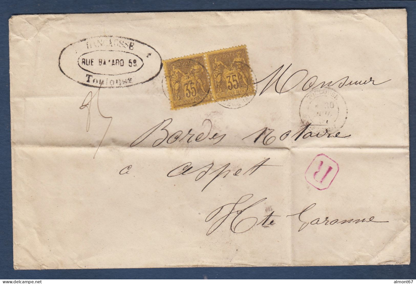 Paire 35c Sage Sur Enveloppe Recommandée De Toulouse - 1876-1898 Sage (Type II)