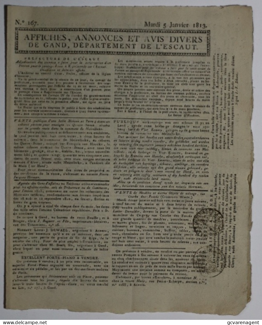 KRANT 2 TALIG - MARDI 5 JANVIER 1813 - AFFICHES ,ANNONCES ET AVIS DIVERS DE GAND , DEPARTEMENT DE L'ESCAUT - Algemene Informatie