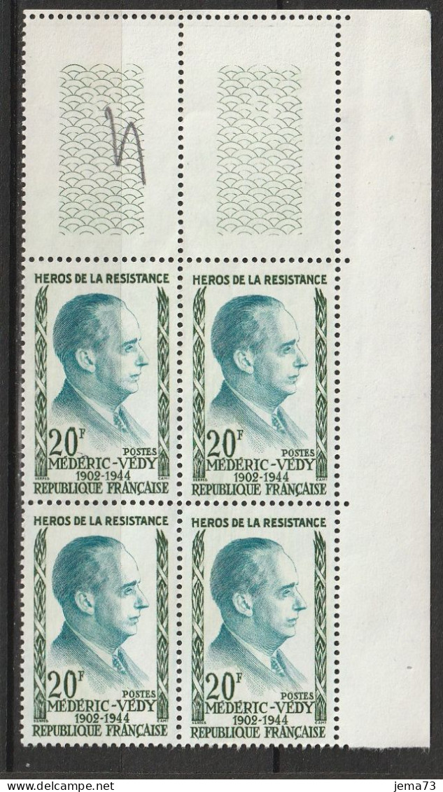 N° 1200 Héros De La Résitance: Védy: Beau Bloc De 4 Timbres Neuf Impeccable: - Unused Stamps