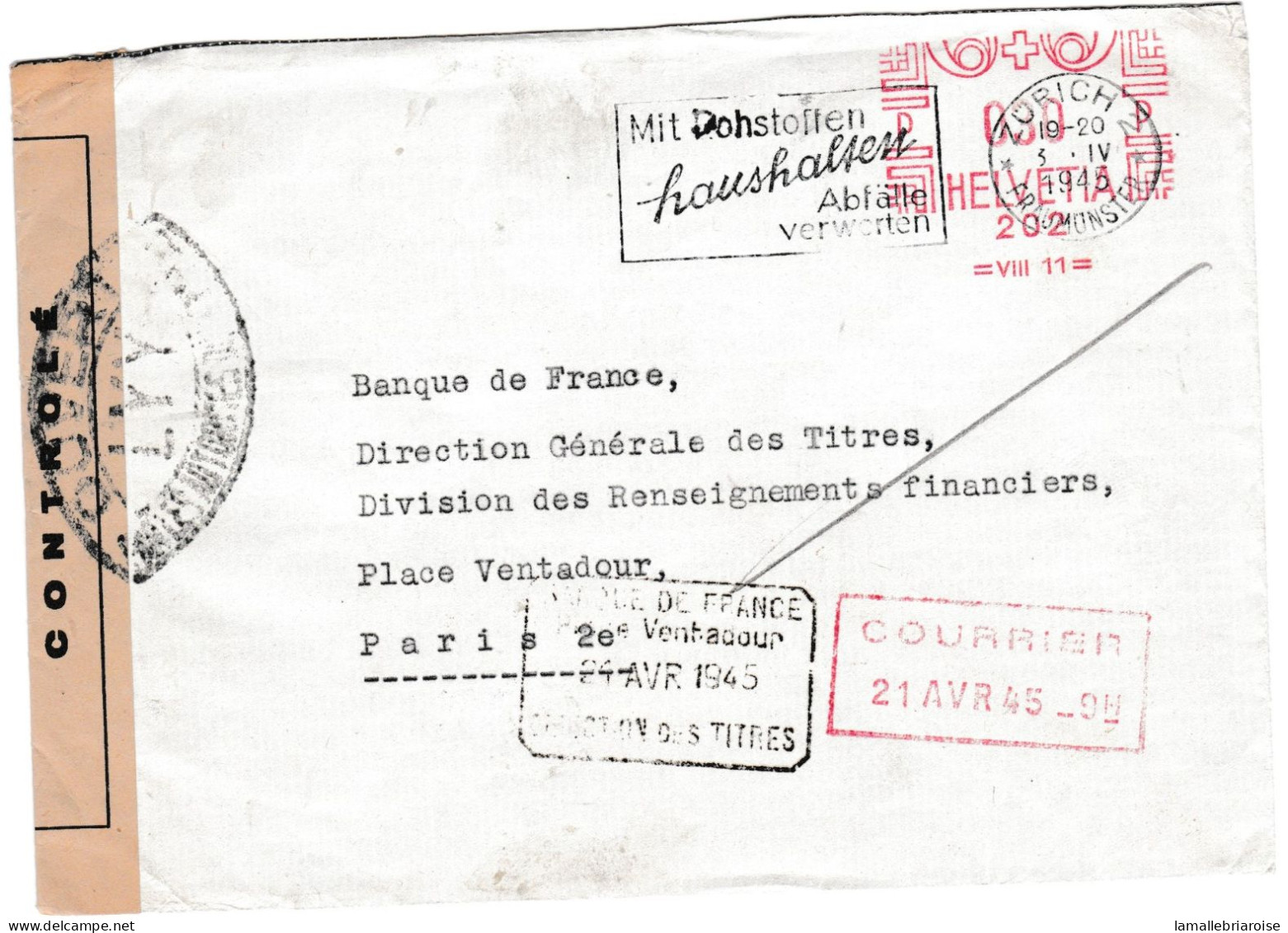Suisse, Enveloppe De Zurich Pour Paris Avec Marque De Censure - Lettres & Documents