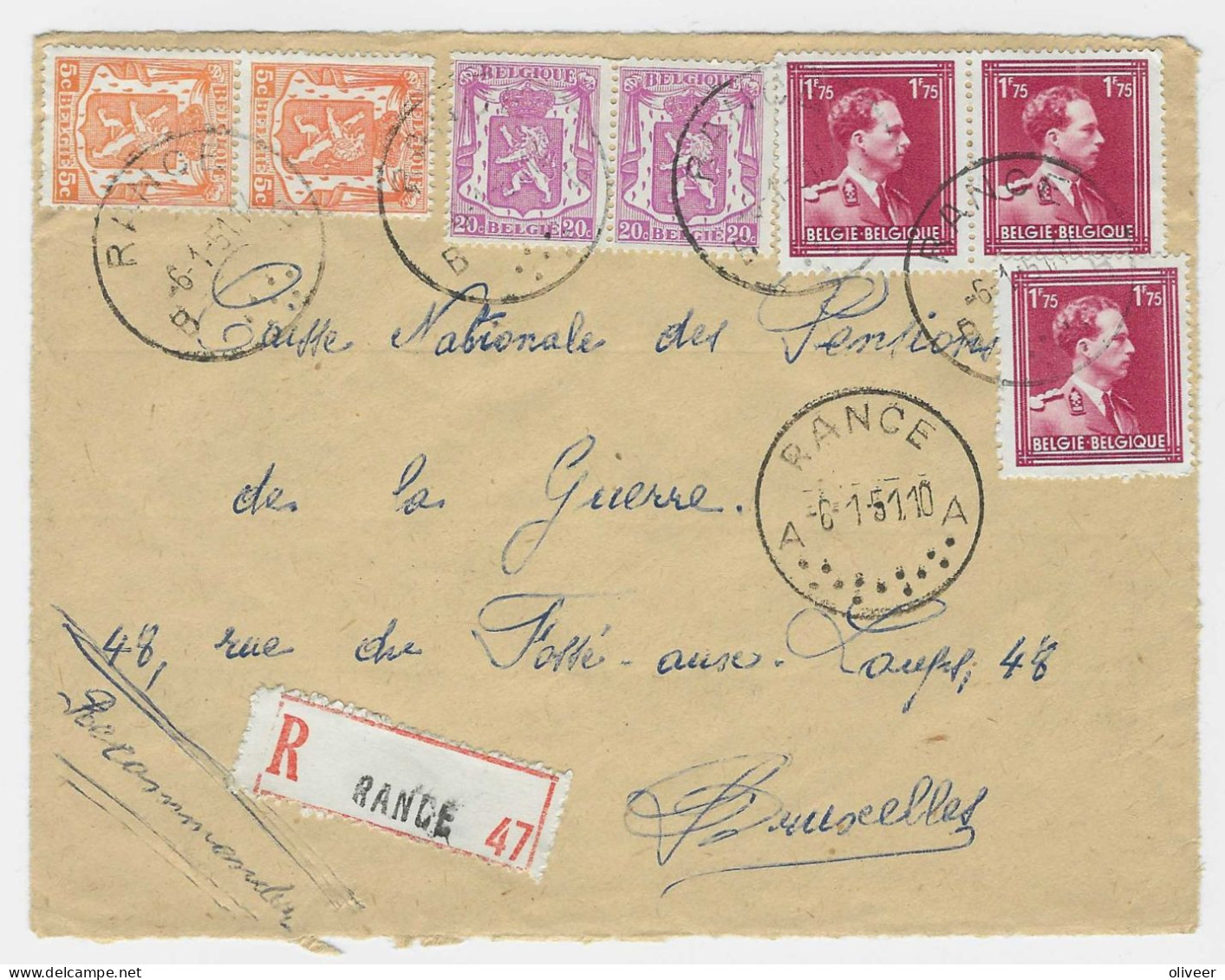 Aangetekende Briefvoorzijde - Devant De Lettre Recommandé - Stempel RANCE - 1936-1957 Col Ouvert