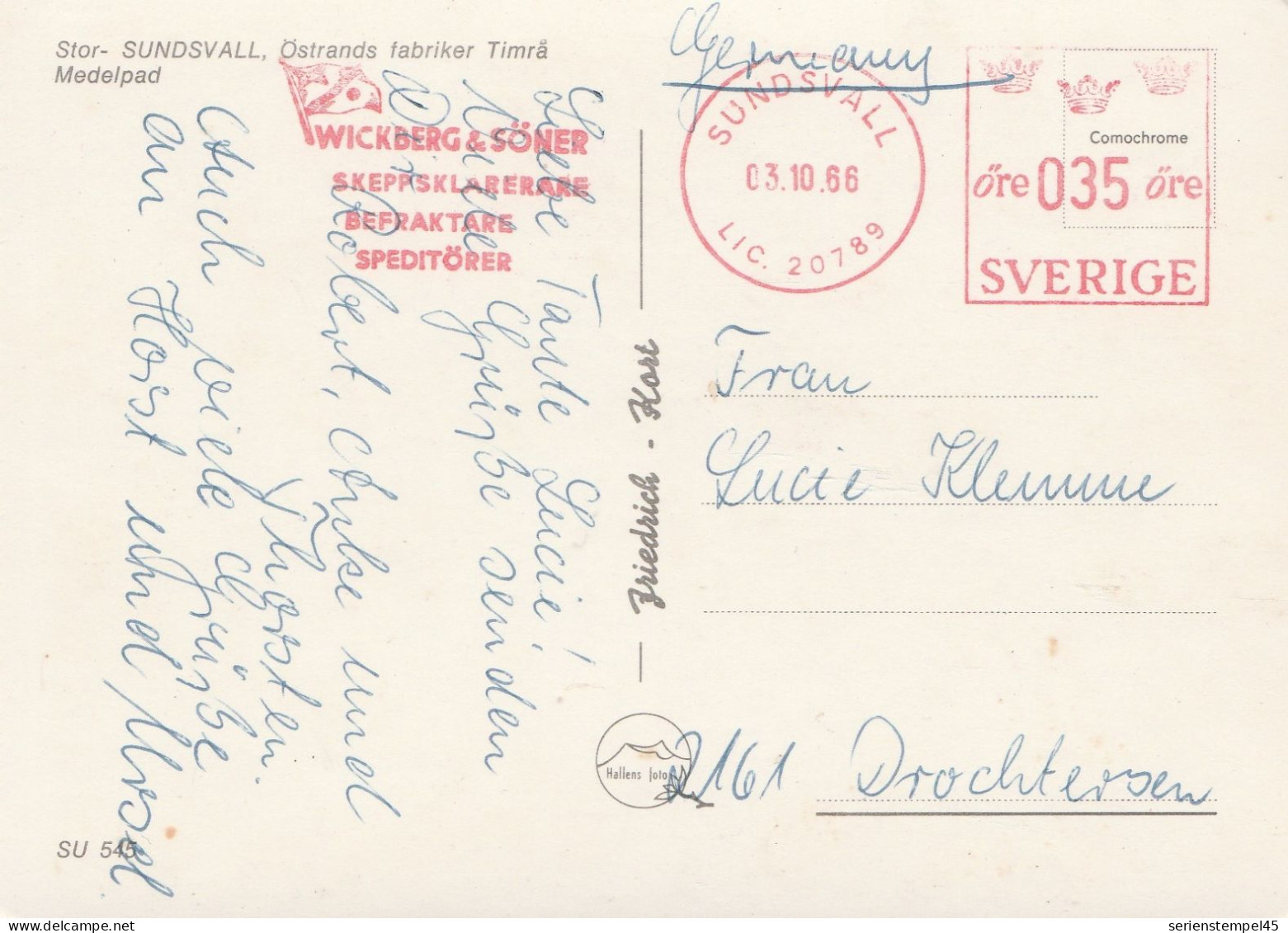 Schweden Ansichtskarte Mit Freistempel Sundsvall Wickberg & Söner 1966 Str- Sundsvall Östrands Fabriker Timrä Medelpad - Lettres & Documents