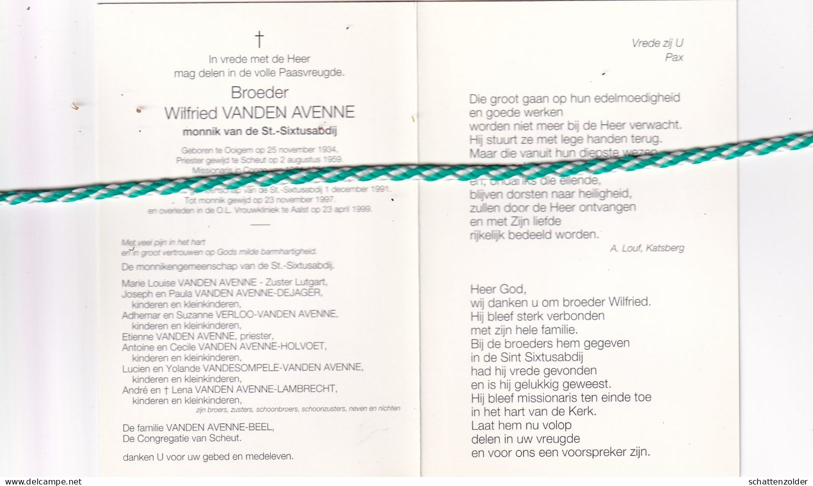 Broeder Wilfried Vanden Avenne, Ooigem 1934, Aalst 1999. Monnik Sint-Sixtusabdij. Foto - Obituary Notices