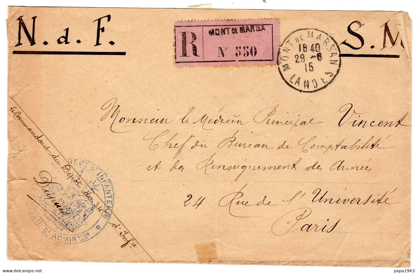 1915  Recommandé De MONT DE MARSAN  Cachet Bleu Du34° D' Infanterie - Cartas & Documentos