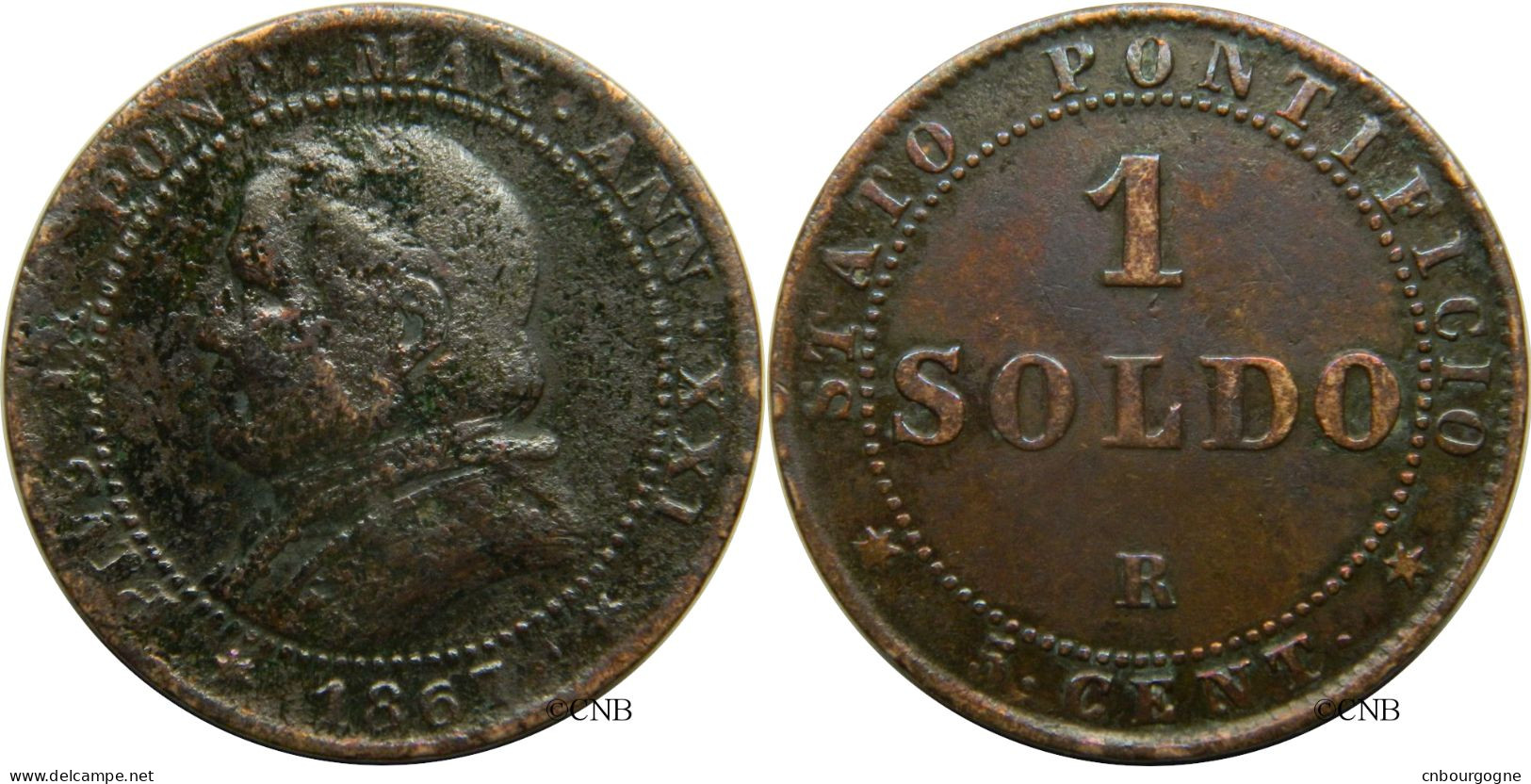 Italie - États Pontificaux - Pie IX - 1 Soldo / 5 Centesimi 1867 R Grand Buste Petite Date - TB/VF25 - Mon4483 - Other & Unclassified