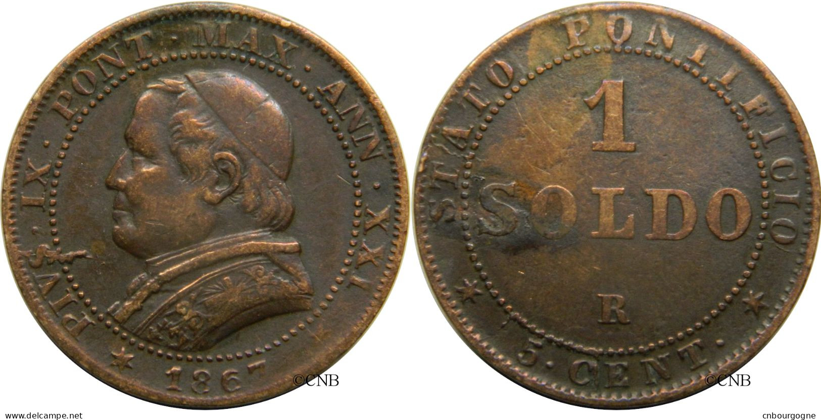 Italie - États Pontificaux - Pie IX - 1 Soldo / 5 Centesimi 1867 R Grand Buste Petite Date - TB+/VF35 Nettoyée - Mon4485 - Autres & Non Classés