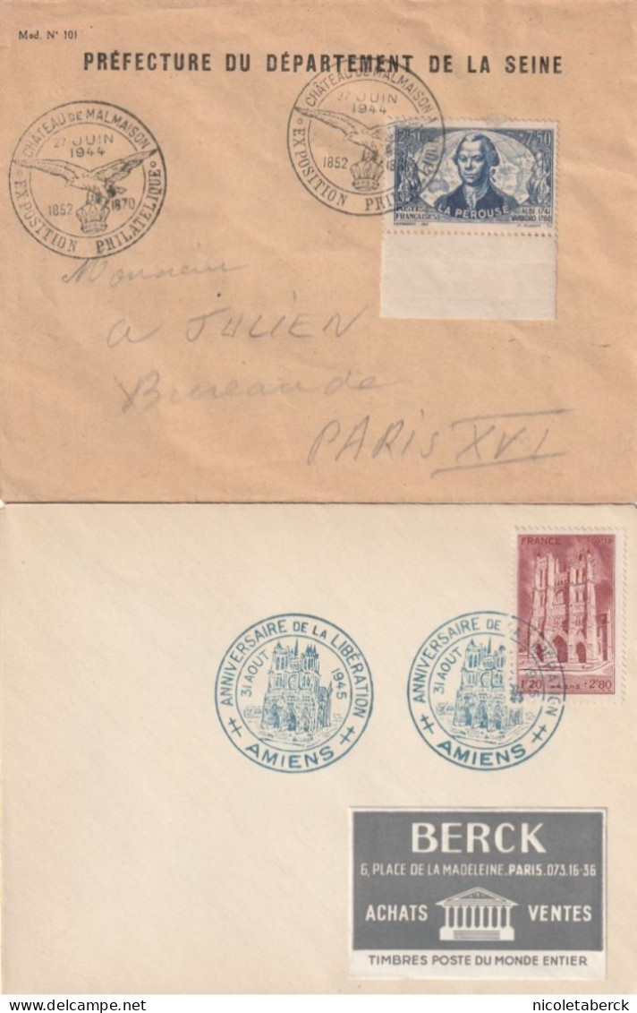 N°541, Obl: Expo Château De Malmaison 27/6/4, N°665 Obl: Anniversaire De La Libération 31/8/45 Collection BERCK. Rare - Cartas & Documentos