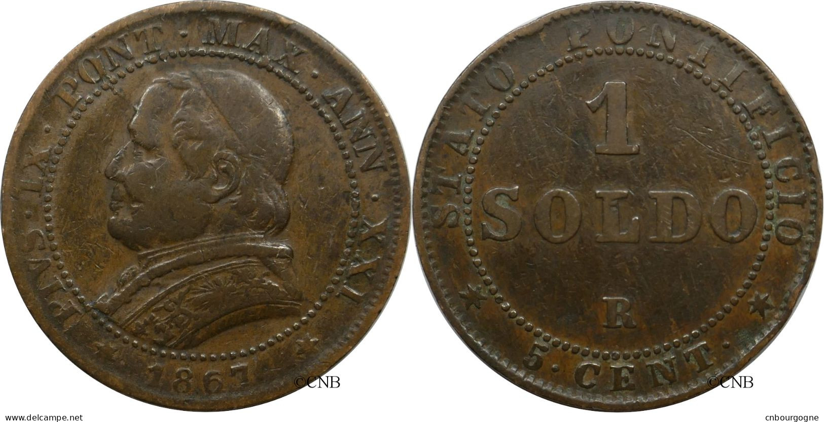 Italie - États Pontificaux - Pie IX - 1 Soldo / 5 Centesimi 1867 R Grand Buste Petite Date - TB+/VF35 - Mon6113 - Sonstige & Ohne Zuordnung