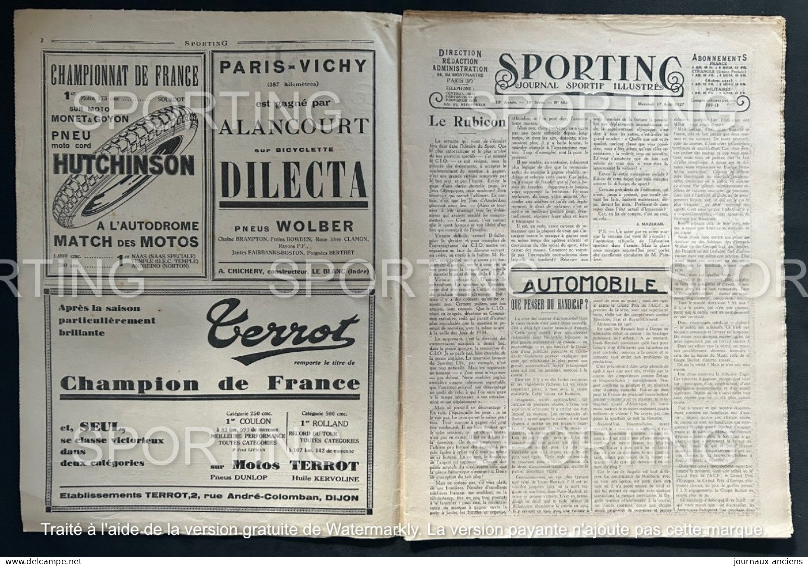 1927 Rare Revue Sportive " SPORTING " CYCLISME PARIS = VICHY - AUTOMOBILE MONTLHERY - BUGATTI - ATHLÉTISME - BOXE - 1900 - 1949