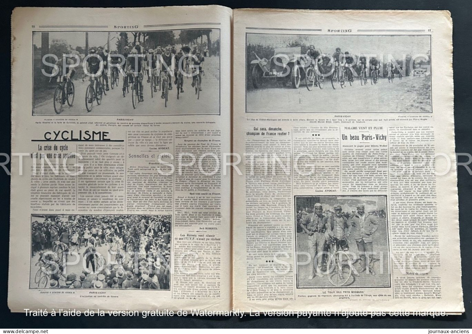 1927 Rare Revue Sportive " SPORTING " CYCLISME PARIS = VICHY - AUTOMOBILE MONTLHERY - BUGATTI - ATHLÉTISME - BOXE