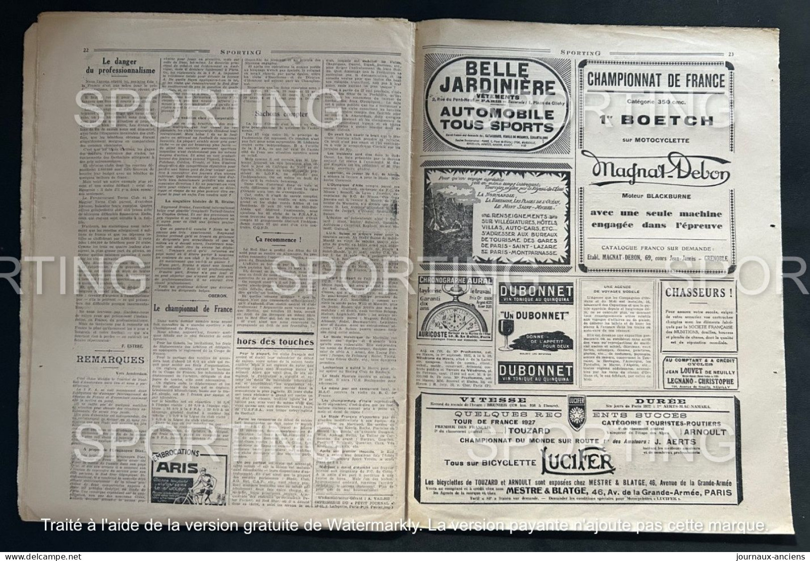 1927 Rare Revue Sportive " SPORTING " CYCLISME PARIS = VICHY - AUTOMOBILE MONTLHERY - BUGATTI - ATHLÉTISME - BOXE