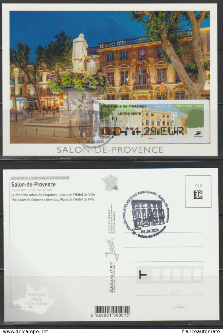 ATM, DD1.29€, Carte Maximum, Hotel De Ville, Salon De Provence, 4 Avril 24, Salon De Printemps. - 2010-... Vignettes Illustrées