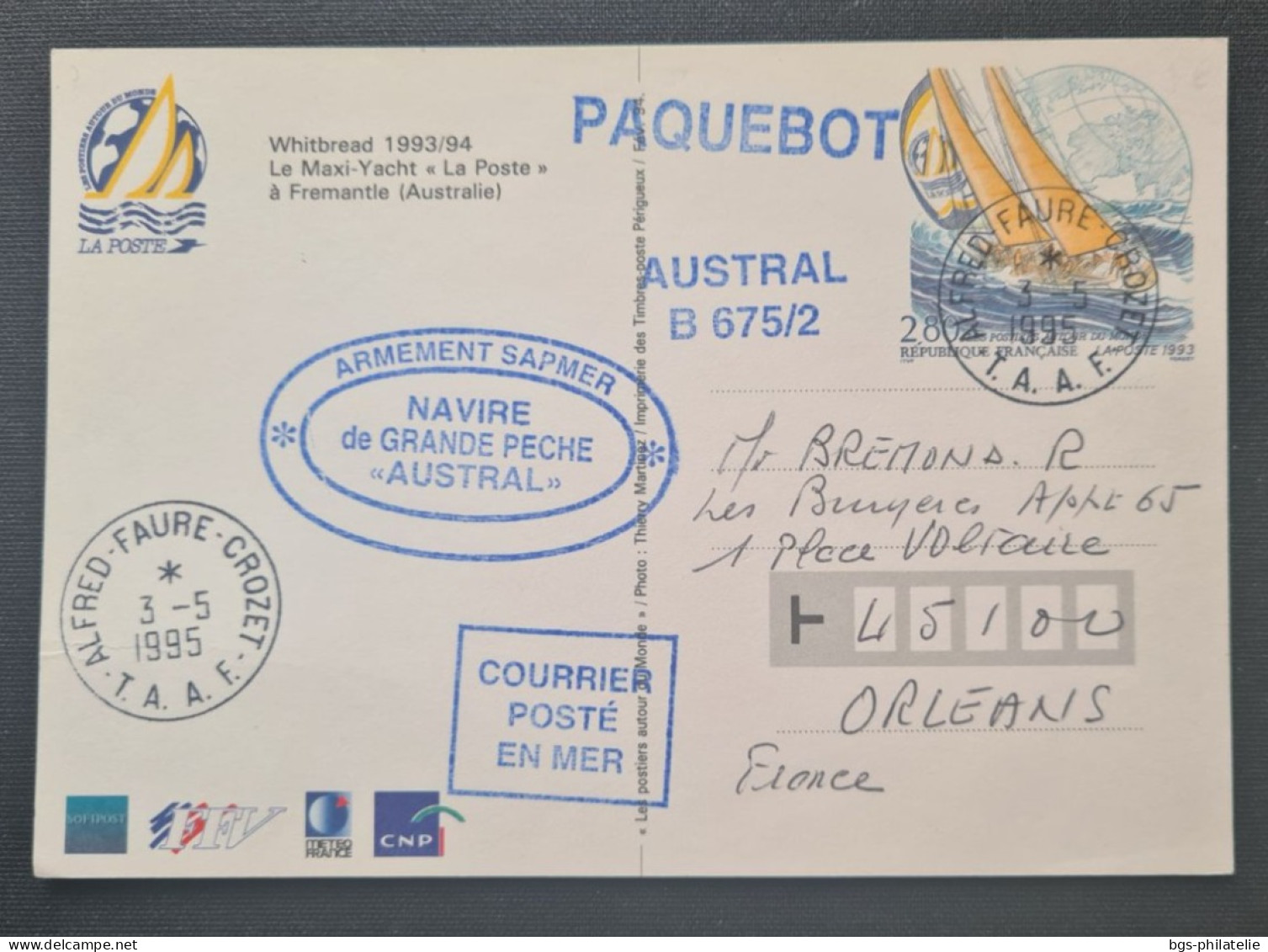 TAAF, Entier Postal Oblitéré De CROZET Le 3/5/1995. - Cartas & Documentos