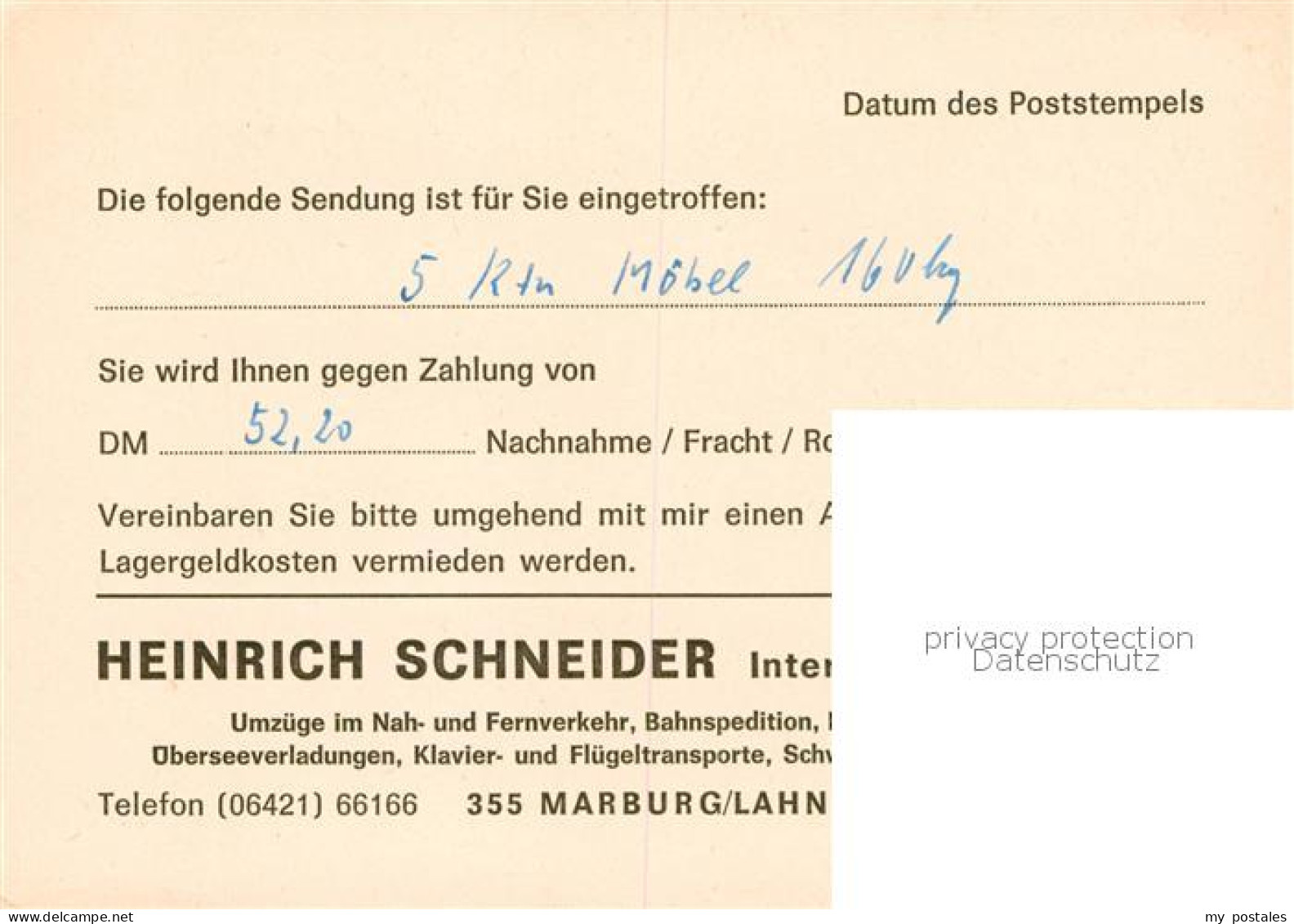 73853941 Marburg Lahn Heinrich Schneider Internat Spedition Sendungsbenachrichti - Marburg