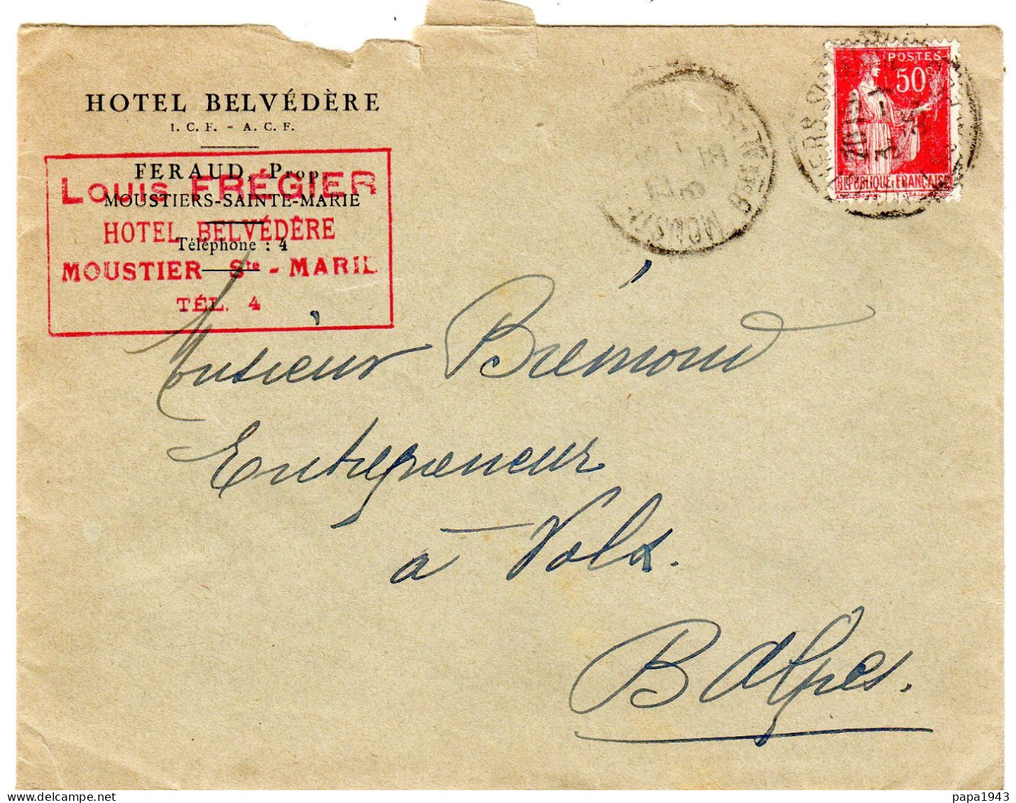 1935  "  HOTEL BELVEDERE  FERAUD MOUSTIERS Ste MARIE 04 " Envoyée à VOLX - Storia Postale
