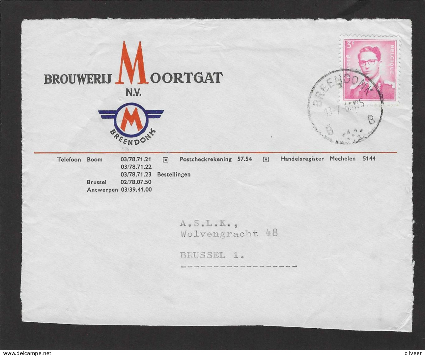 OCB 1067 - 3 Fr. Boudewijn Op Briefvoorzijde - Devant De Lettre - BREENDONK - 1966 - Brouwerij MOORTGAT - 1953-1972 Glasses