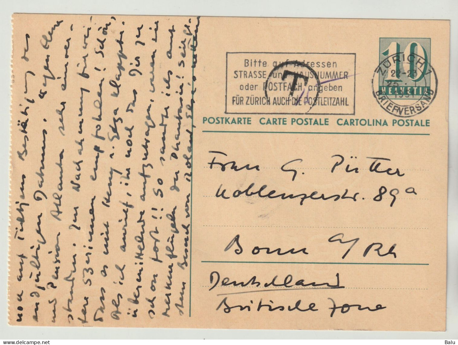 Schweiz Ganzsachen Postkarte Ziffer 10 Grün Zürich 1951 Mit T-Stempel Taxe Nachporto Nach Deutschland, 2 Scans - Entiers Postaux