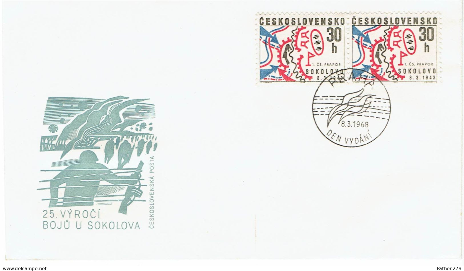 Enveloppe 1er Jour Tchécoslovaquie 25ème Anniversaire De La Bataille De Sokolovo 1968 - FDC