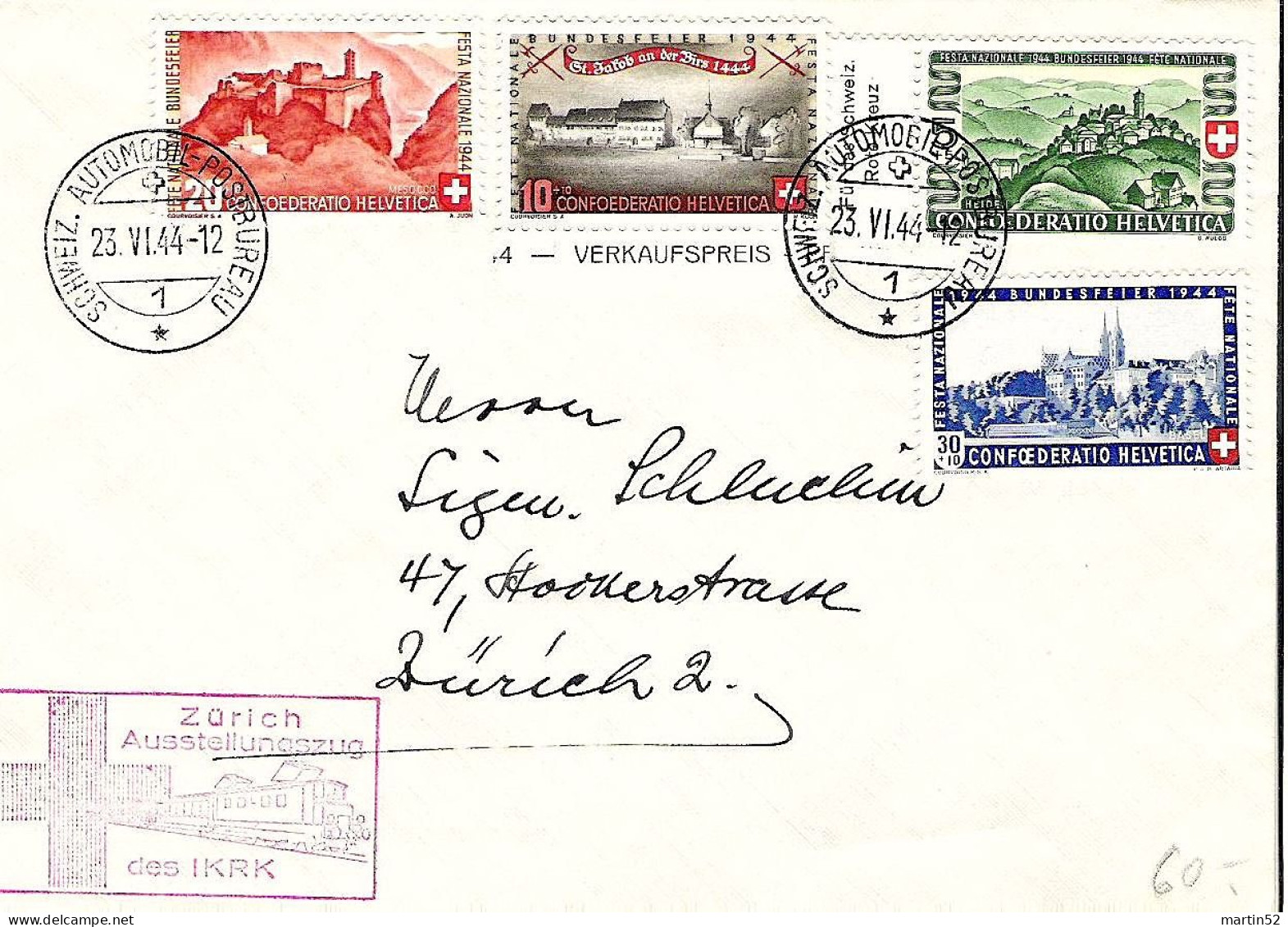 Schweiz Suisse Pro Patria 1944: "Ausstellungszug IKRK" Zu WII 22-25 Mi 431-434 Yv 395-398 APB-⊙ 23.VI.44 (Zu CHF 80.00) - Briefe U. Dokumente