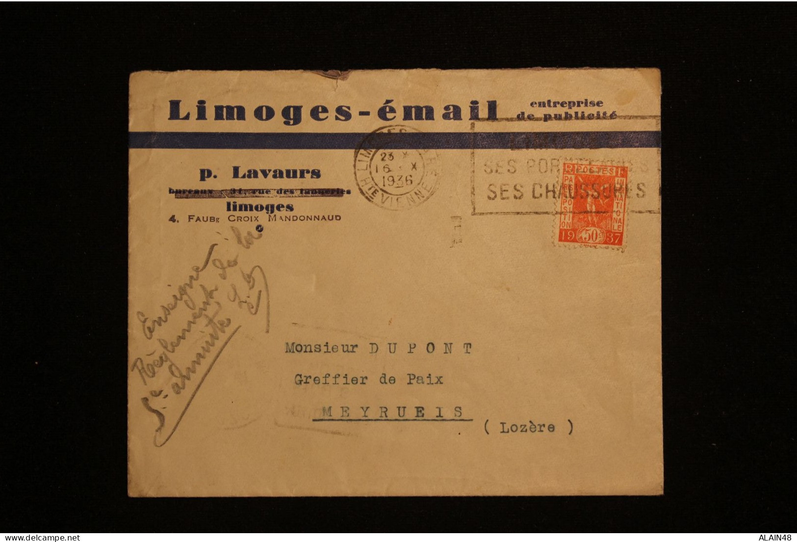 FRANCE LETTRE DU 16.10.1936 DE LIMOGES POUR MEYRUEIS  AVEC N°325 EXPO INTERNATIONALE ET CACHET DAGUIN AU VERSO - Brieven En Documenten