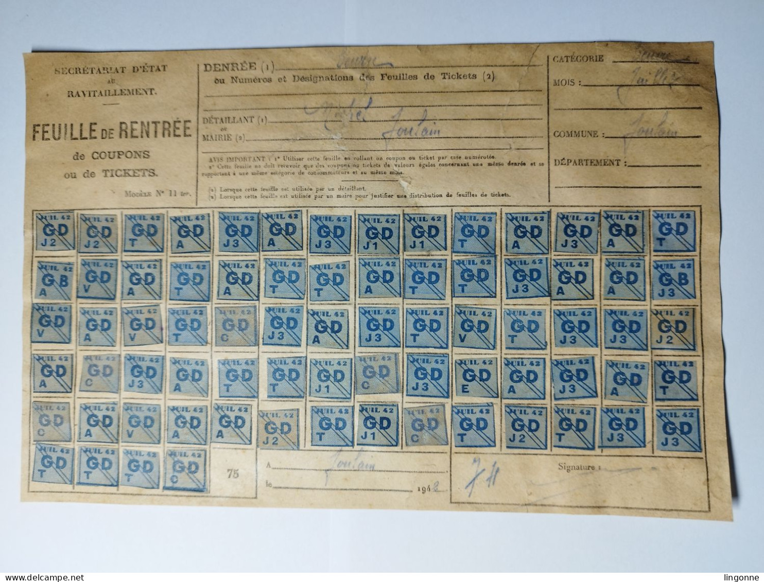 1942 RAVITAILLEMENT FEUILLE De RENTREE De Coupons Ou De TICKETS GD Denrée BEURRE Michel FOULAIN (Haute-Marne 52) - Historical Documents