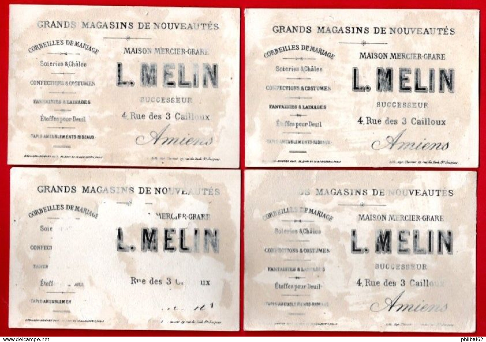 Lot De 4 Chromos Magasin De Nouveautés, L.Melin à Amiens. Dictons Et Proverbes... - Autres & Non Classés