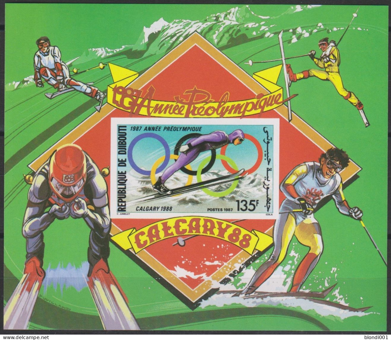 Olympics 1988 - Ski Jump - DJIBOUTI - S/S Imperf. De Luxe MNH - Hiver 1988: Calgary
