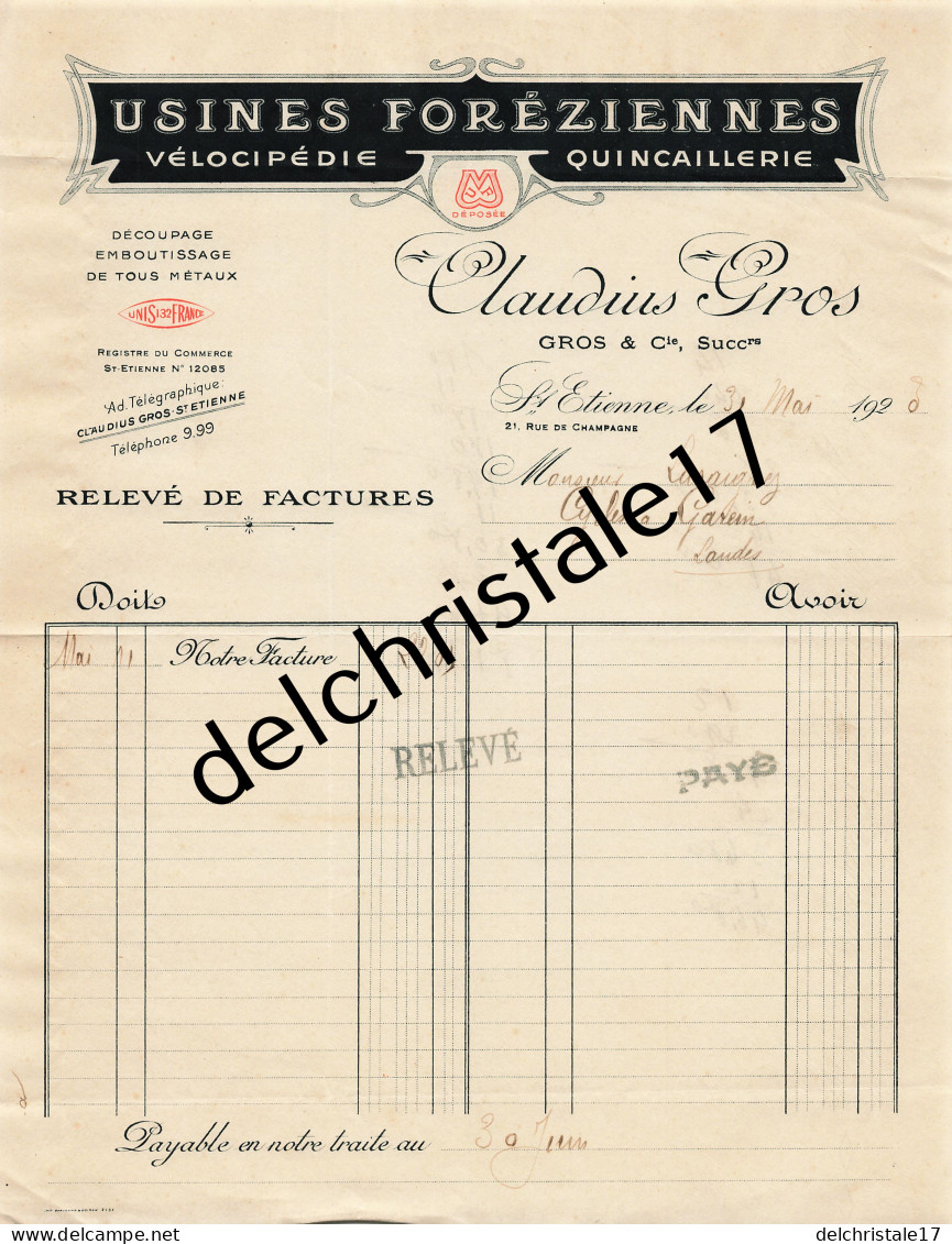 42 0519 SAINT ETIENNE LOIRE 1923 Quincaillerie Vélocipédie Claudius GROS Usiness Foréziennes Rue Champagne à LARAIGNEZ - 1900 – 1949