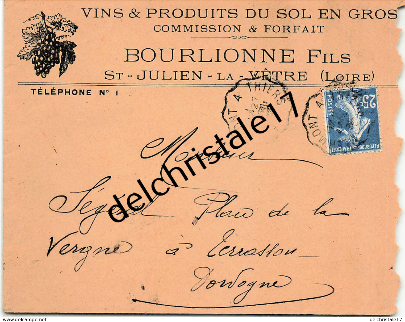 42 0535 ST JULIEN LA VÊTRE LOIRE 1925 Enveloppe Entête Vins & Produits Du Sol BOURLIONNE Fils à SÉGÉRAL - Publicités