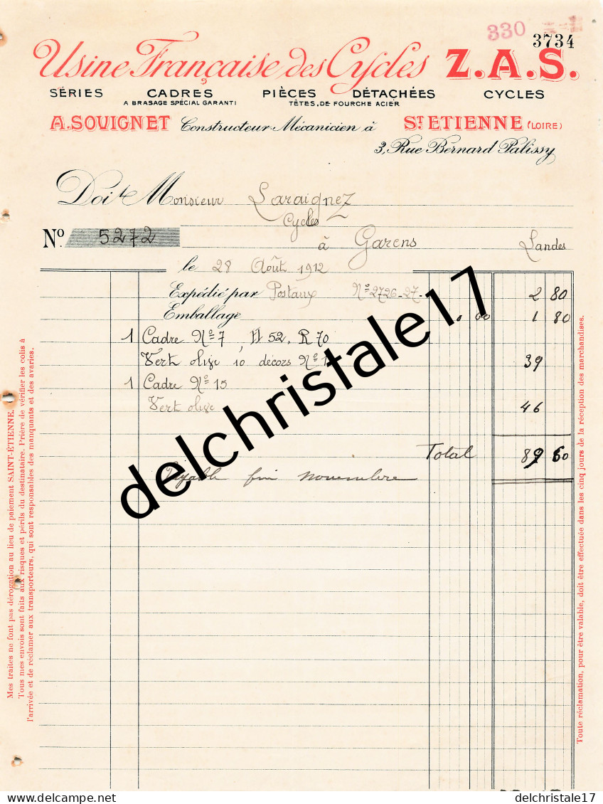 42 0533 SAINT ETIENNE LOIRE 1912 Pièces Détachées Cycles Z.A.S Cadres Fourches A. SOUIGNET Rue Palissy à LARAIGNEZ - Old Professions